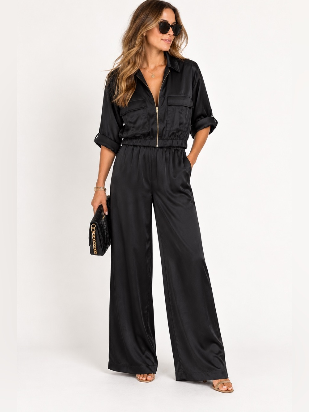 NWT GLAM Satin Wide Leg 2 piece Pantsuit Size Small